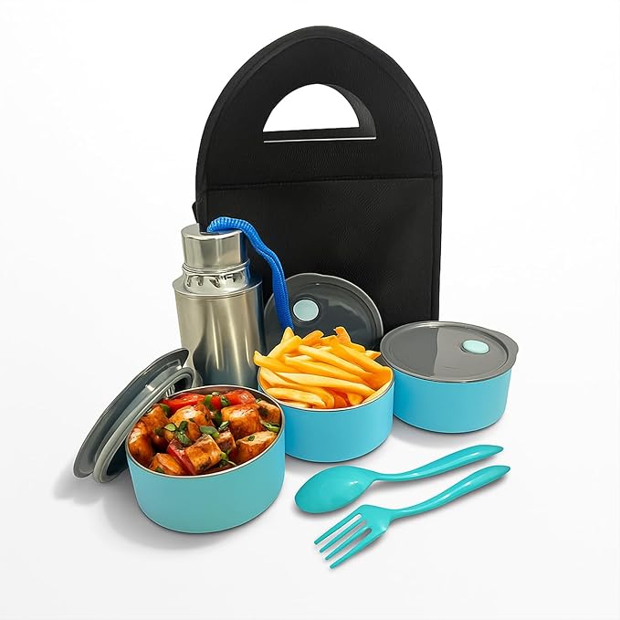 Woomery Stainless Steel Lunch Box Set for Office & School | 3 Leak-Proof Containers (300ML Each) + 600ML Bottle | Durable, BPA-Free, Airtight | with Insulated Bag | Made in India