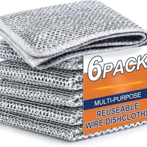 (6 Pack) Reusable Wire Dishcloths – Non-Scratch Stainless Steel Scrubber Rags for Dishes, Pots, Pans, Sink & Counter Cleaning – Durable & Eco-Friendly