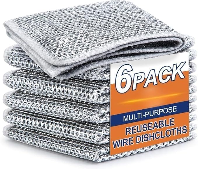(6 Pack) Reusable Wire Dishcloths – Non-Scratch Stainless Steel Scrubber Rags for Dishes, Pots, Pans, Sink & Counter Cleaning – Durable & Eco-Friendly