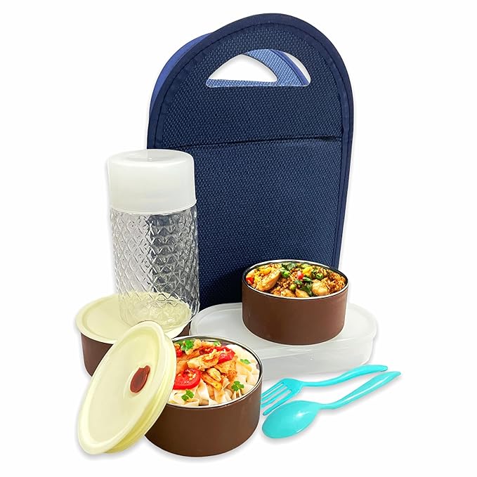 Woomery Premium Stainless Steel Lunch Box Set | 3 Leak-Proof Steel Containers (300ML), 1 Oval Box, Water Bottle (500ML), Cutlery & Insulated Carry Bag | Microwave Safe, Made in India