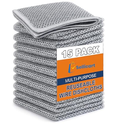 15 Pack Multi-Purpose Reusable Wire Dishcloths – Heavy Duty Scrubber for Kitchen, Pots, Pans, Fruits & Vegetables – Non-Scratch, Durable, Easy to Clean, Double-Sided Metal Mesh Cleaning Cloth