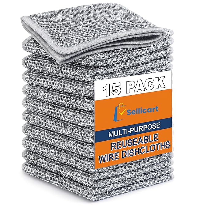 15 Pack Multi-Purpose Reusable Wire Dishcloths – Heavy Duty Scrubber for Kitchen, Pots, Pans, Fruits & Vegetables – Non-Scratch, Durable, Easy to Clean, Double-Sided Metal Mesh Cleaning Cloth