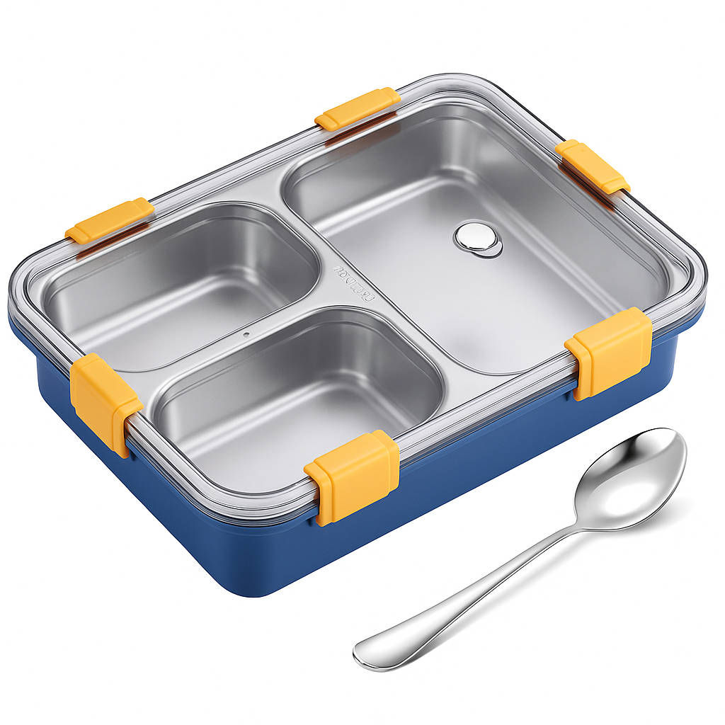 Woomery Stainless Steel Lunch Container with 3 Compartments | Leak-Proof Lid & Durable Clips |Tiffin for Office, School & Travel | 1000ML Capacity